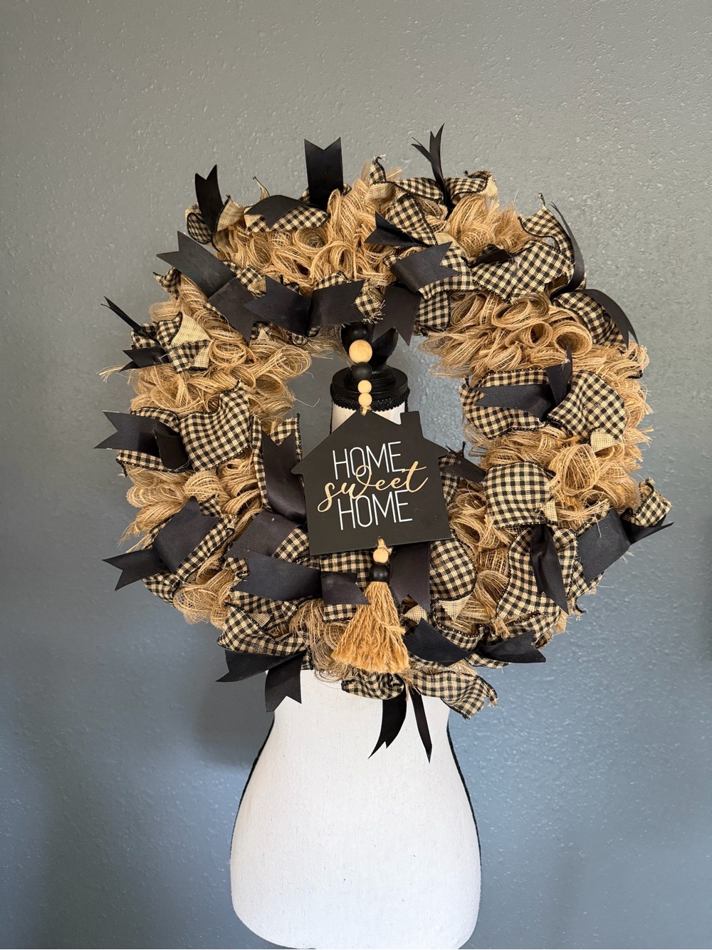 Farmhouse "Home Sweet Home" Burlap & Black Check Ribbon Wreath
